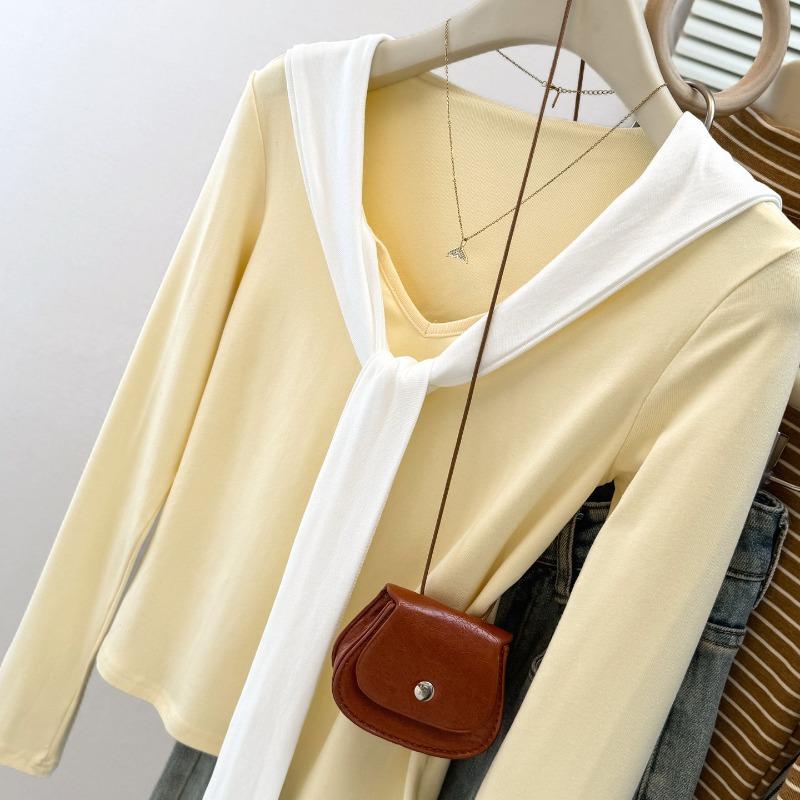 Sweet and spicy fake two-piece shawl long-sleeved T-shirt for women's autumn slim-fitting and thin inner bottoming shirt v-neck clothes