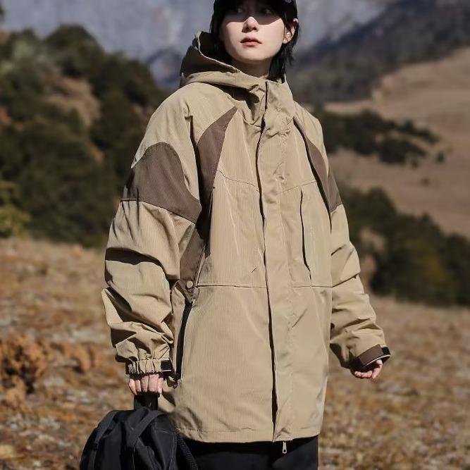 Women's Outdoor Hooded Windbreaker Jacket - Casual Loose Fit, Autumn/Winter Japanese Streetwear, Color Block Design