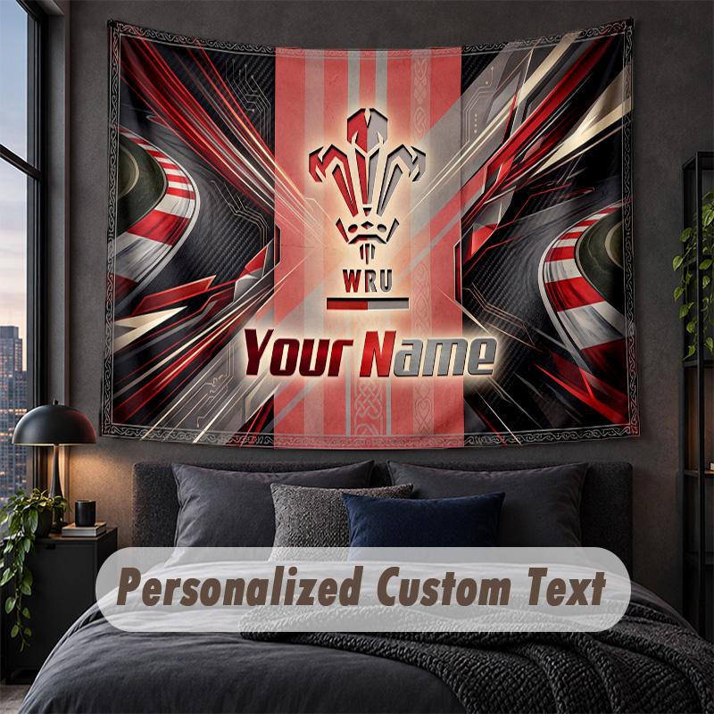 Custom Name Text Tapestry,Wales Rugby Decorative Wall Hanging, Background Tapestry For Home Bedroom