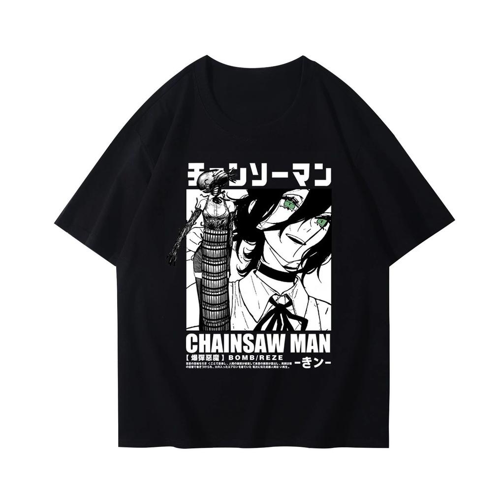 Winter and Autumn Chainsaw Man T-shirt Bomb Devil Reze Merchandise Short Sleeve Anime Japanese Style Black T-shirt Clothing