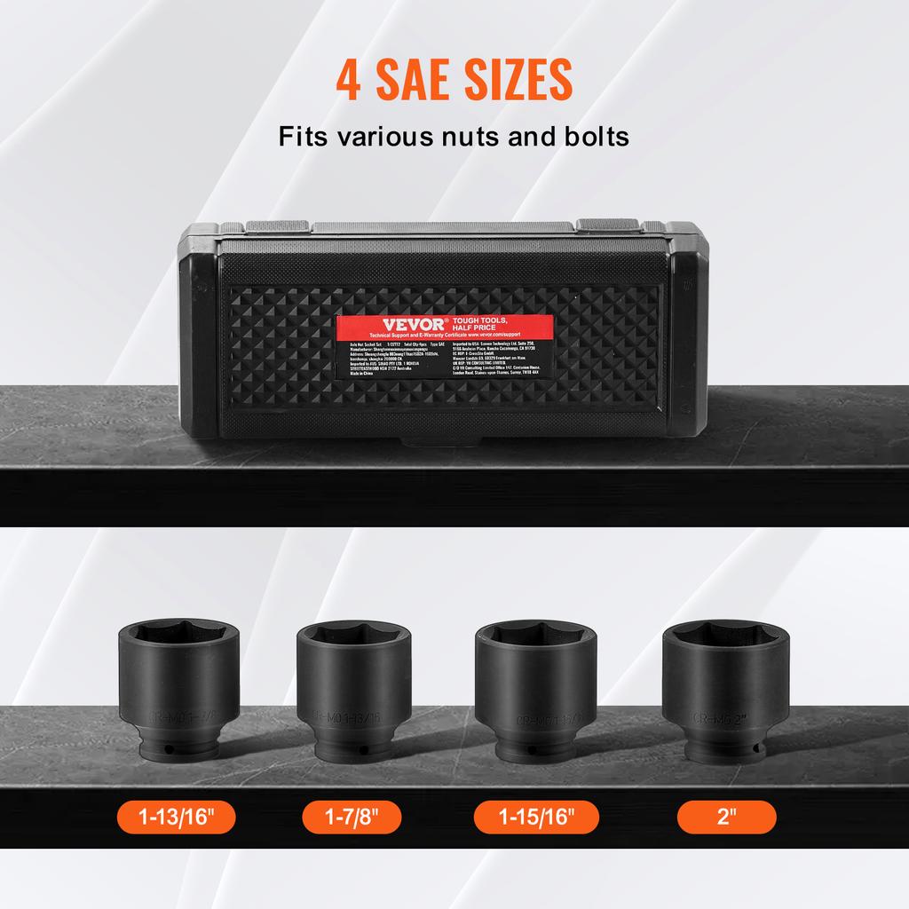 SucceBuy Axle Nut Impact Socket Set 1/2" Drive 6-Point 4-Piece SAE Spindle Nut Socket Set CR-MO Heat Treated Large Socket Set