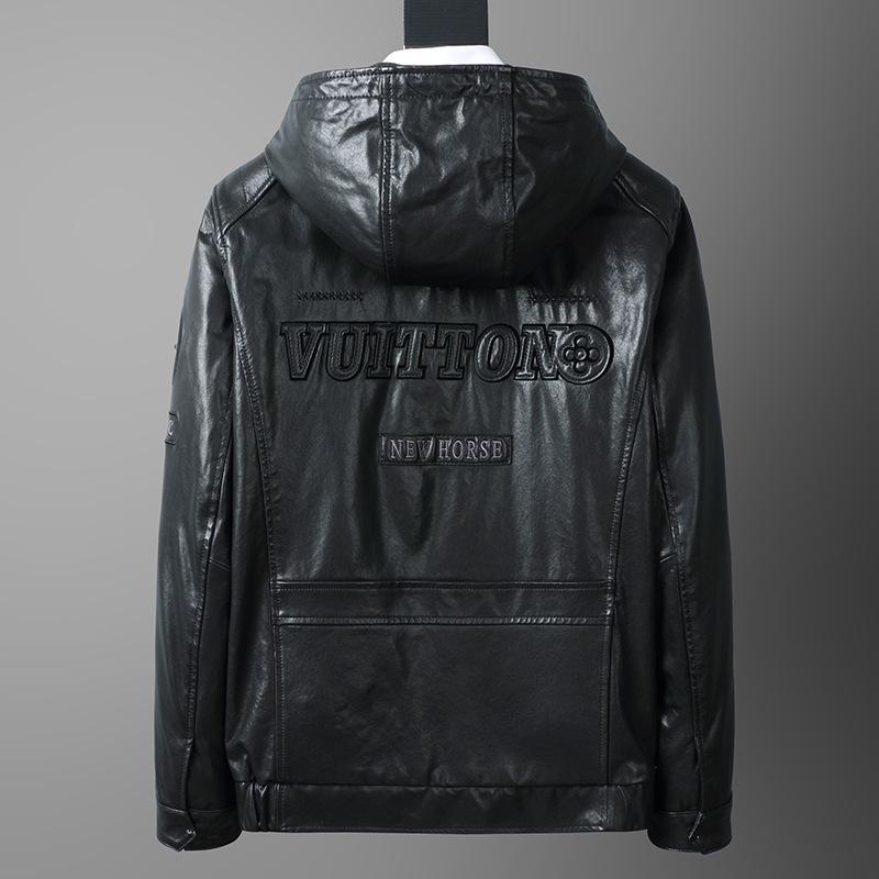 Spring and Autumn New Genuine Leather Jacket Men's Short Hooded Fashionable Oil Waxed Cowhide Casual Motorcycle Jacket