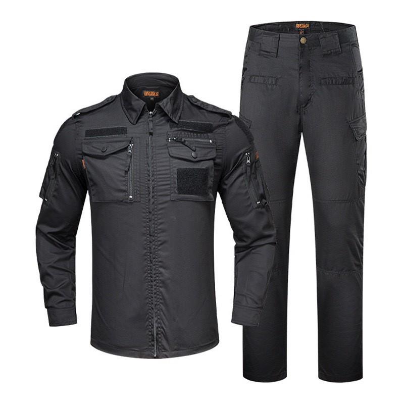 Mens Tactical Camouflage Uniform Set Long Sleeve Outdoor Training Suit Durable Cotton Blend Black