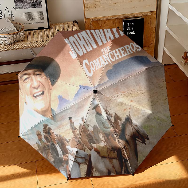 1pc John Wayne's Western Cowboy Trail Umbrella Portable Folding Umbrella Iron Frame Hole Bone Structure Outdoor Home Umbrella