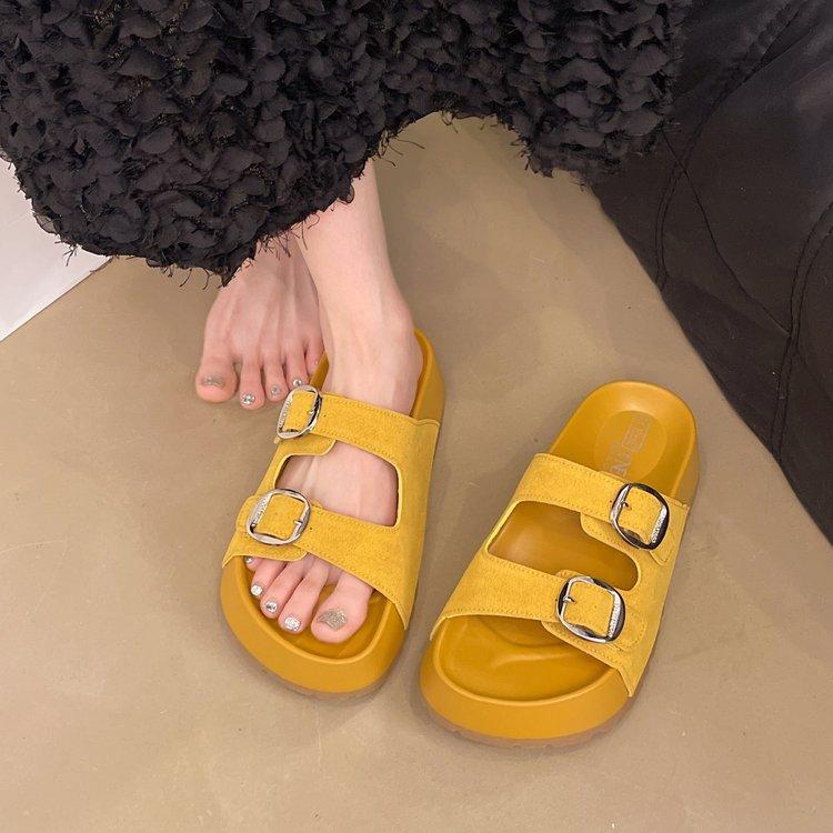 

Европейские босоножки с открытым носком из матовой кожи, пряжкой на ремне с одним словом, пляжные тапочки, женская обувь Boken 35 жёлтый
