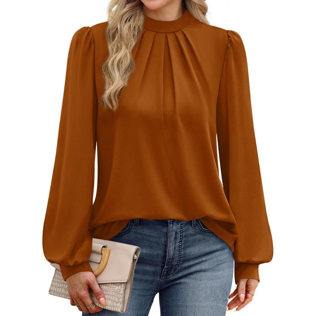 Ladies' Fashionable And Elegant Chest Pleated Stand Collar Long Sleeved Solid Color Top