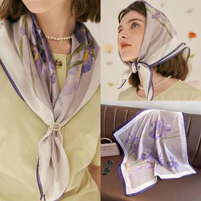 Silk Satin Handkerchief Women Neck Scarves Floral Print Headbands Hijab Scarfs 70cm Small Shawls Wraps Bandana Head Scarf Purple