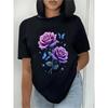 Europäische Größe Damen Elegantes Weißes Kurzarm-T-Shirt | Lila Rosen und Blaue Schmetterlinge Blumenprint, Rundhalsausschnitt, Lässiges Oberteil, Ganzjahres-Passform