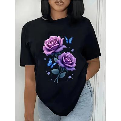 Camiseta Elegante Blanca de Manga Corta para Mujer Talla Europea | Estampado Floral de Rosas Moradas y Mariposas Azules, Cuello Redondo, Top Casual, Ajuste para Todas las Estaciones