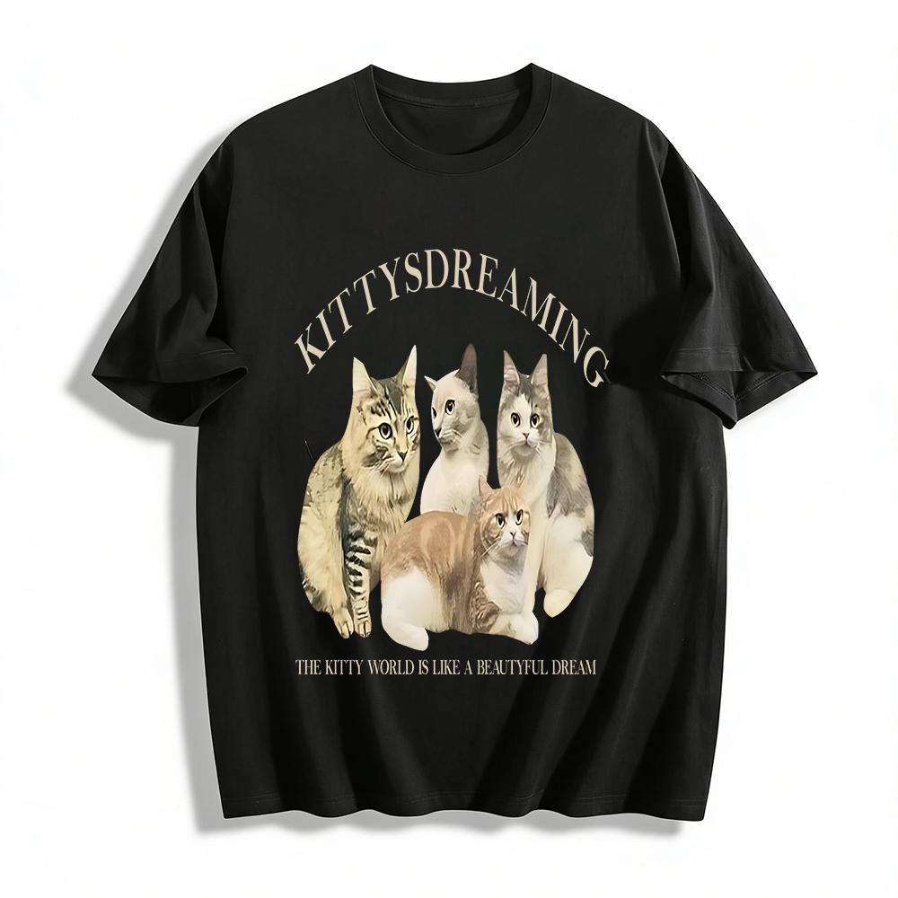 Kittysdreaming Cat Print T-shirt Cute Four Kitten Graphic Casual Crewneck Tee For Men Women Pure cotton T-shirt XXS