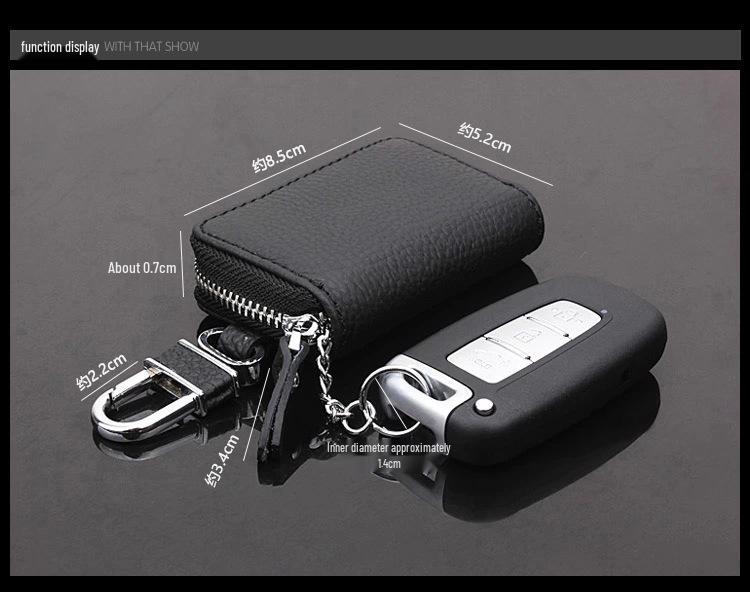 Lychee Grain Cowhide Key Case with Zipper - Pure Black