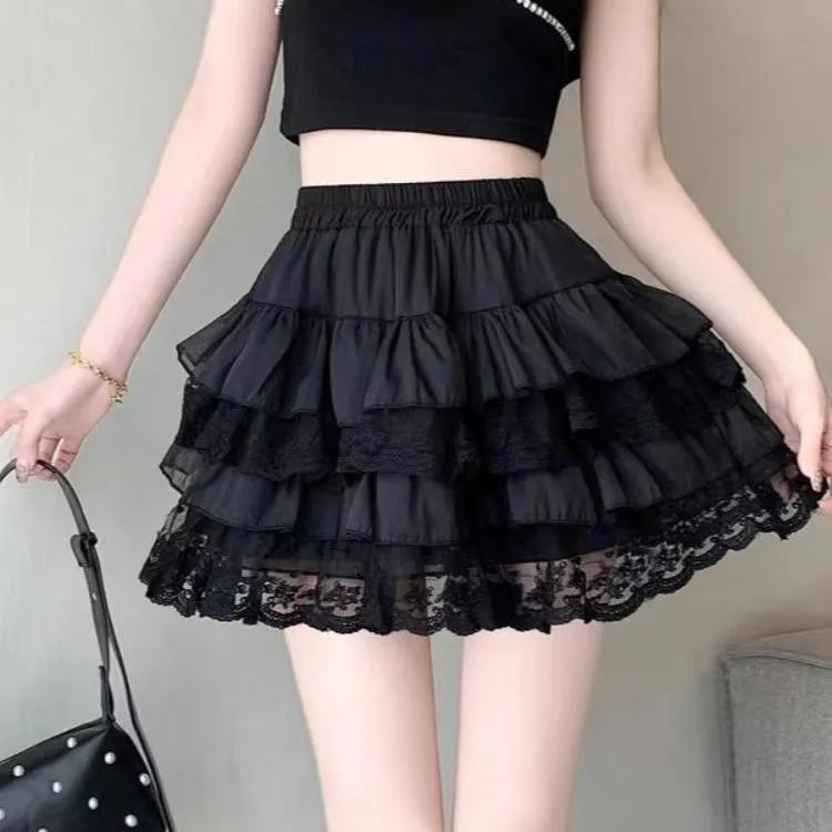 Elastic Gothic Lace Tutu Skirt Women Black Mesh Detail Petticoat Sexy Mini Tulle Skirts Party Club Wear Dancer