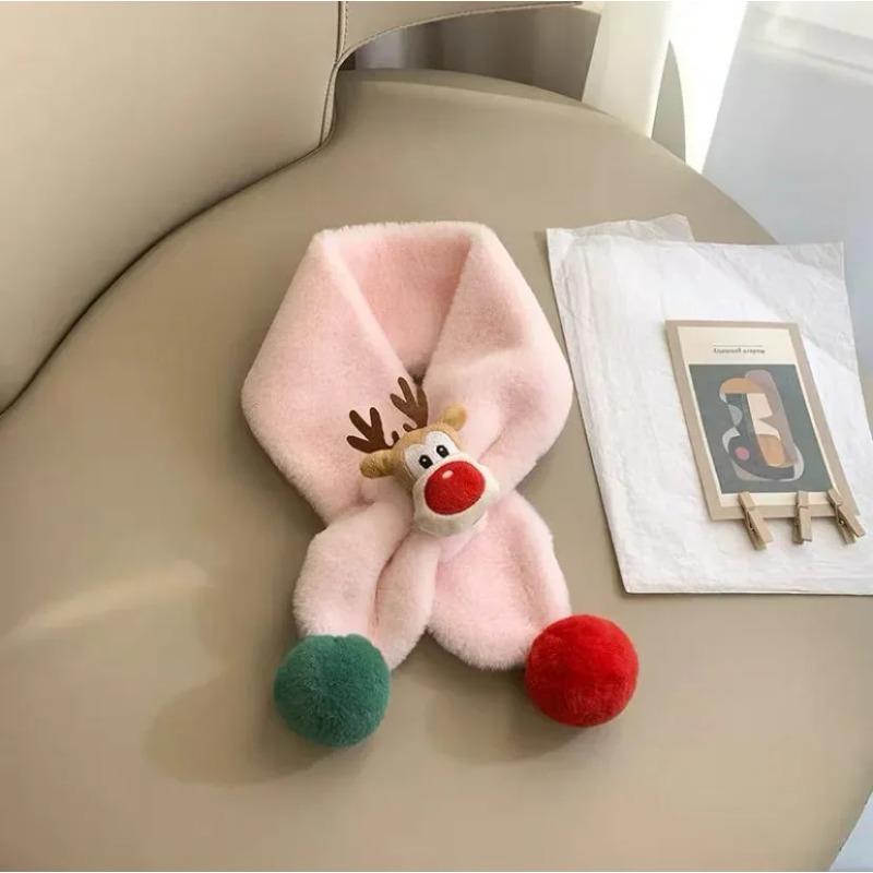 Plush Animal Scarf with Cute Deer Design Soft Warm Winter Accessory with Fur Ball for Children Outdoor Use Christmas Gift