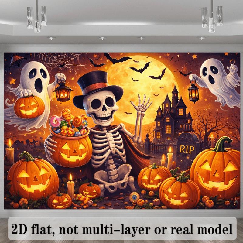 2D planar Halloween horror scene background fabric with a pumpkin ghost theme and glowing pumpkin lanterns.PMJ