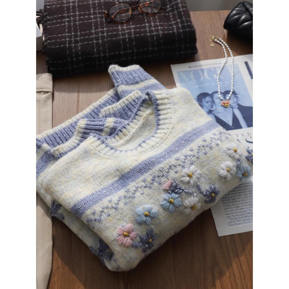 Women Sweaters Knitting Basic Embroidered O-Neck Style Loose Pullover Sweater