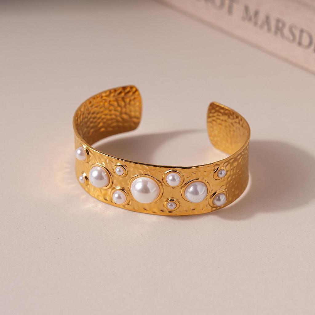 Stainless Steel Pearl Textured Open Bangle: European-American Style, Versatile Women's Jewelry