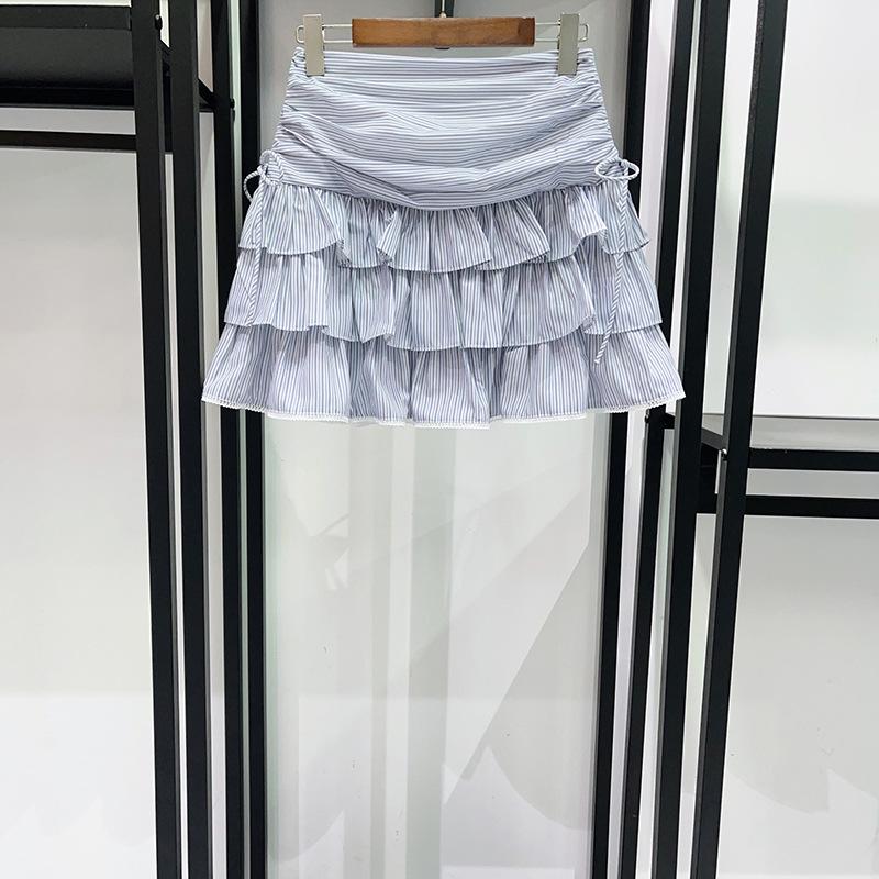 French Niche 2026 Spring/Summer Blue & White Stripe Ruffled Sleeveless Top with Cake Skirt Medium юбки