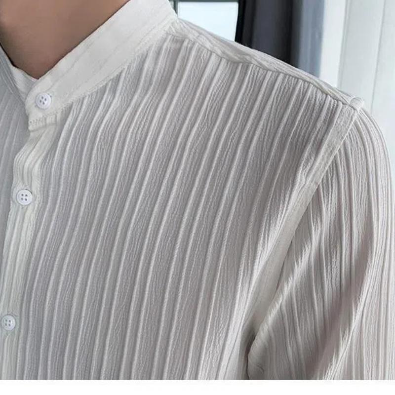 Men's Clothing Spring Autumn Solid Color Long Sleeve Round Neck Button Up Cardigan Shirt Preppy Style Boyfriend Classic Tops