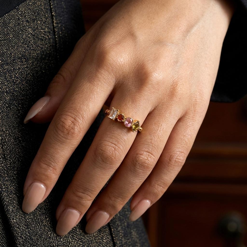 Minimalist Geometric Multicolor Cubic Zirconia Copper Ring for Women Modern Rainbow Stackable Statement Finger Jewelry