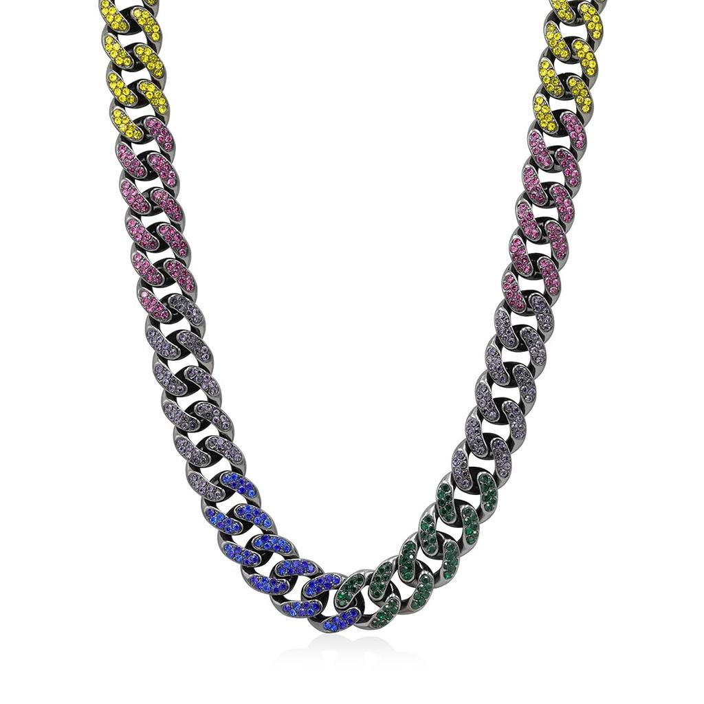 JEWELRY TAKEDA Iced Out Rainbow Cuban Chain Necklace with Black Wide Streetwear 14mm Length Rhinestones, Plated, Chain, Men's Accessory, Width,
