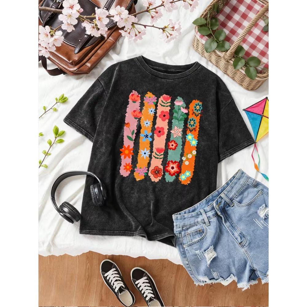 Trendy Art Floral Postage Stamp Print T-Shirt Retro Colorful Flower Stamp Graphic Short Sleeve for Men Women
