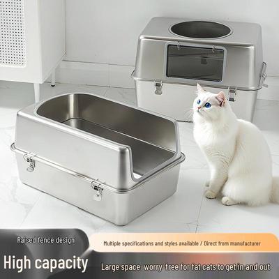 Large Stainless Steel Cat Litter Box with High Anti-Splash Walls - Fully/Semi-Enclosed Design