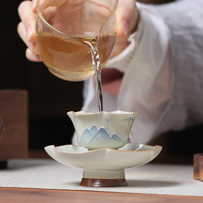 Chinese Ceramic Tea Cup with Coaster Hand-painted Landscape Tea Bowl Handmade Porcelain Teacup Travel Personal Teaware 40ml