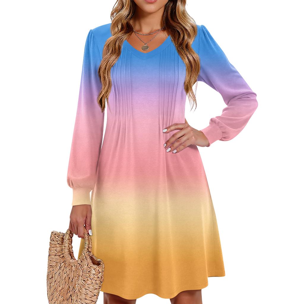Ladies' Printed Casual And Fashionable V-neck Long Sleeved Mid Length Dress
