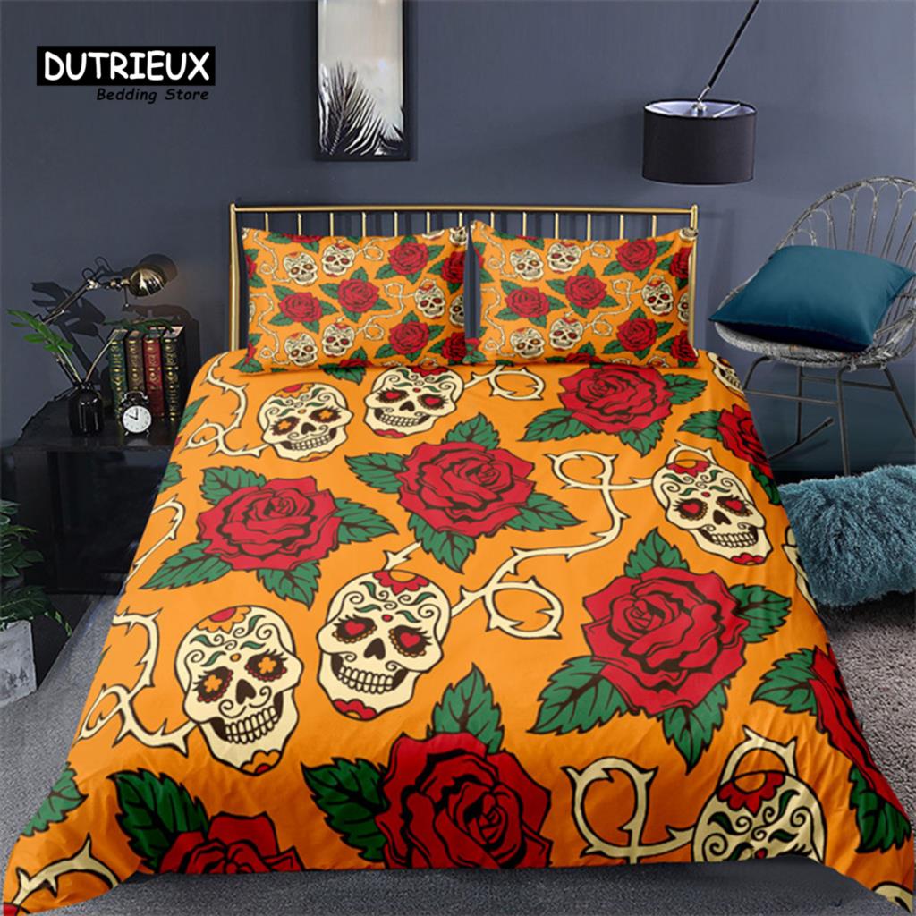 Red Rose Skull Floral Bedding Set Skeleton Flowers Green Leaves Print Duvet Cover Horror Theme Comforter Cover With Pillowcases