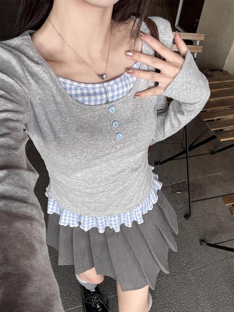 Gray Two-Piece Style Long Sleeve Shoulder Stitch T-Shirt - Women's Slim Fit Short Top for Spring