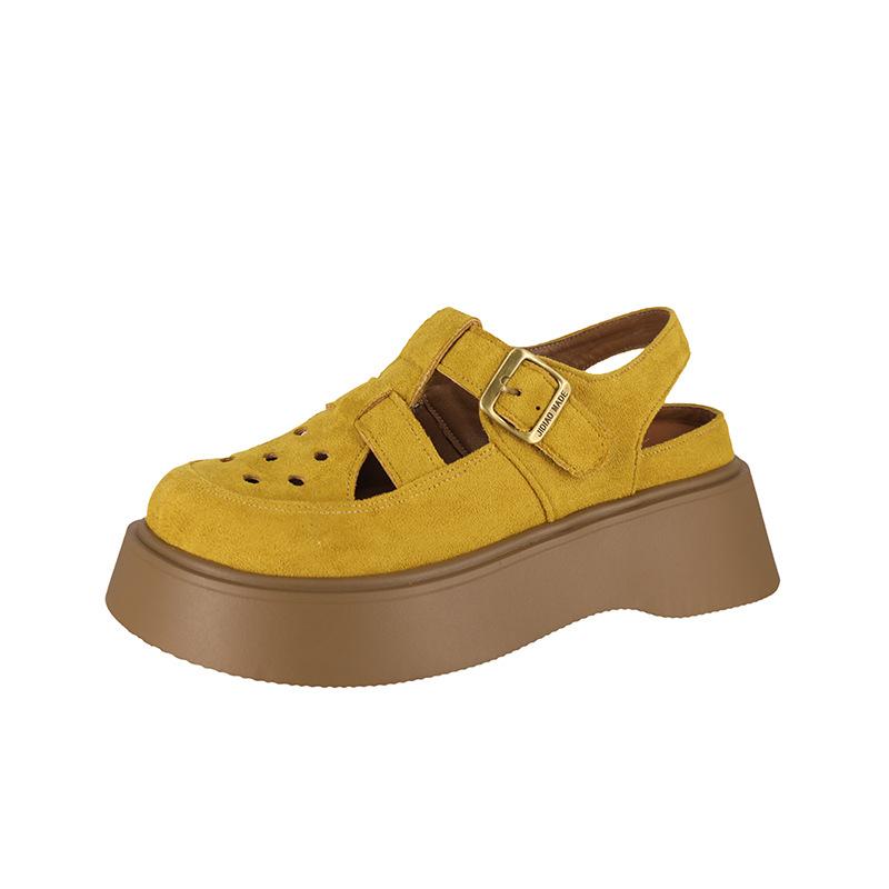 Soft leather sandals women's 2025 summer new thick-soled heightening bag head hollow outer wear all-inclusive shoes single shoes