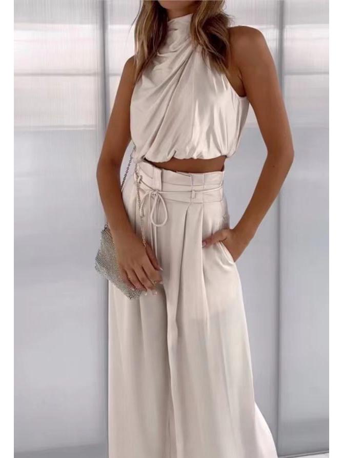 Damen Ärmelloses Stehkragen Crop Top & Weitbein Hose Set