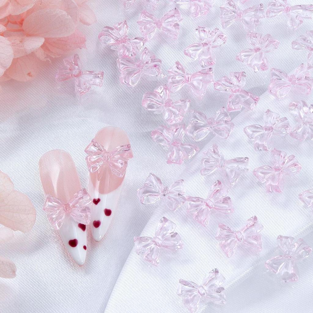 1Bag Pink Candy Ribbon Bows 3D Nail Charm Transparent Jelly Color Summer Nail Decoration Accessories DIY Manicure Decor Parts