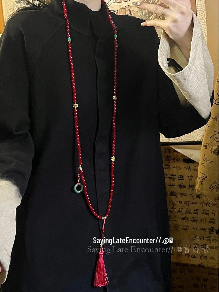 108-Bead Green Tassel Necklace - Long Chinese-Style Sweater Chain Accessory