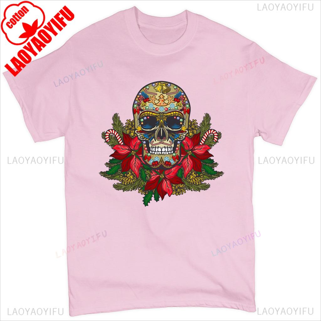 Christmas Calavera Tshirt Sugar Skull Holiday Spirit Mistletoe Mens Tee Retro Breathable Top Skeleton and Flower Pattern Shirt