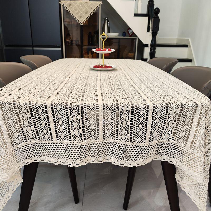 1pc Rustic Crochet Lace Tablecloth with Tassels – Elegant Diamond Plaid Design, Cream Floral Patterns, Perfect for Weddings, Family Banquets