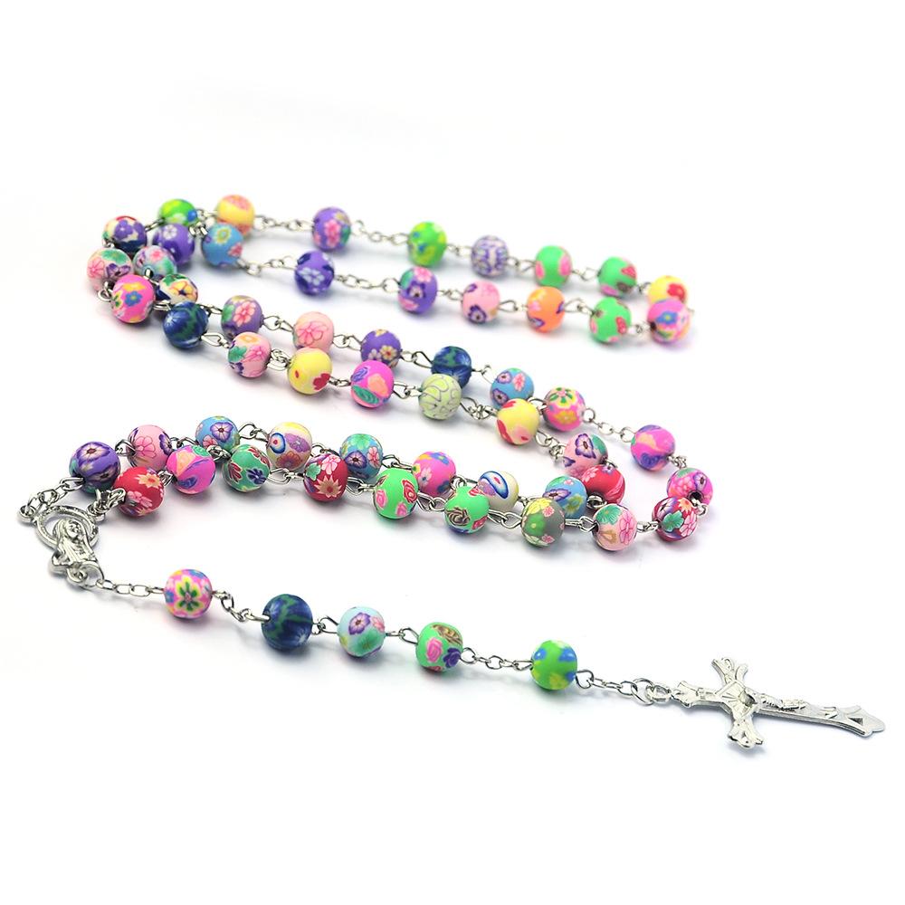 New Religion Cross Pendant Rosary Necklaces For Women Colorful Soft Pottery Beads long Chain Virgin Mary Jewelry