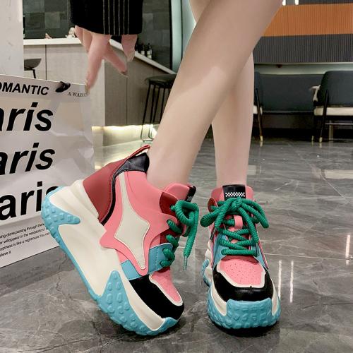 fashion Women Chunky Sneakers 9.5CM Heels Winter Thick Sole Casual Vulcanized Shoes High Platform Leather Sneakers Woman Free Ship