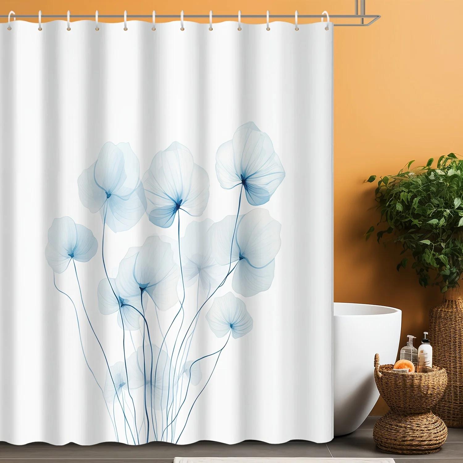 

1Pc Abstract Blue Flower Shower Curtain - Water-Resistant Polyester, Grommet Top, 72X72 , Machine Washable W60H190(CM)-1 Pcs