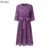 ZANZEA Women Casual Round Neck 3/4 Sleeve Loose Patchwork Lace Dress