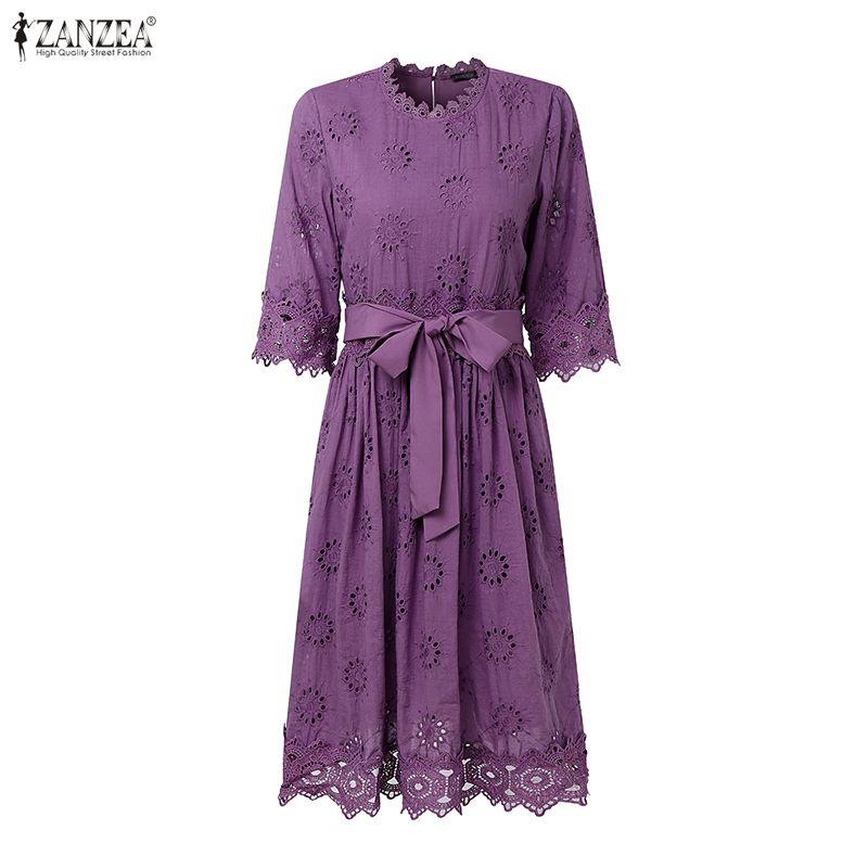 ZANZEA Women Casual Round Neck 3/4 Sleeve Loose Patchwork Lace Dress