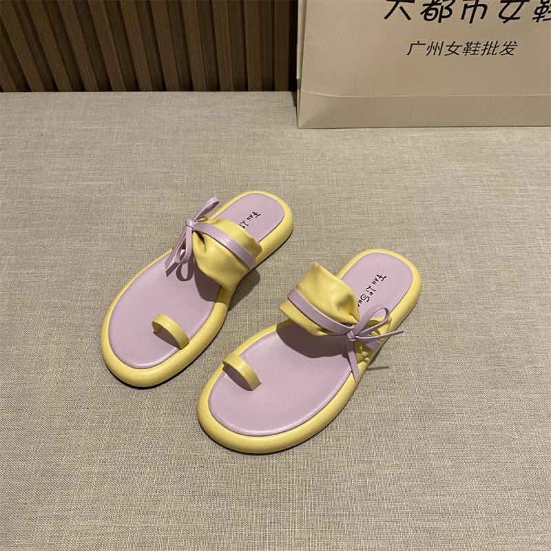 

Cool slippers female summer new fairy middle heel muffin outer wear thick sole niche design toe bow sandals 39 жёлтый