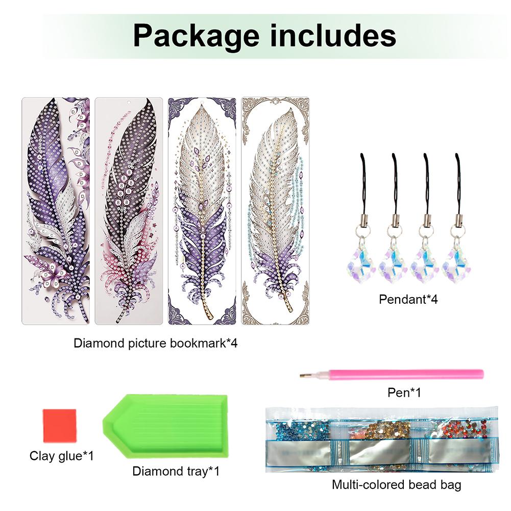 4Pcs Special Shape Beautiful Feathers 5D DIY Diamond Painting Bookmark DIY Bookmarks Diamond Painting Kits for Adults Beginners
