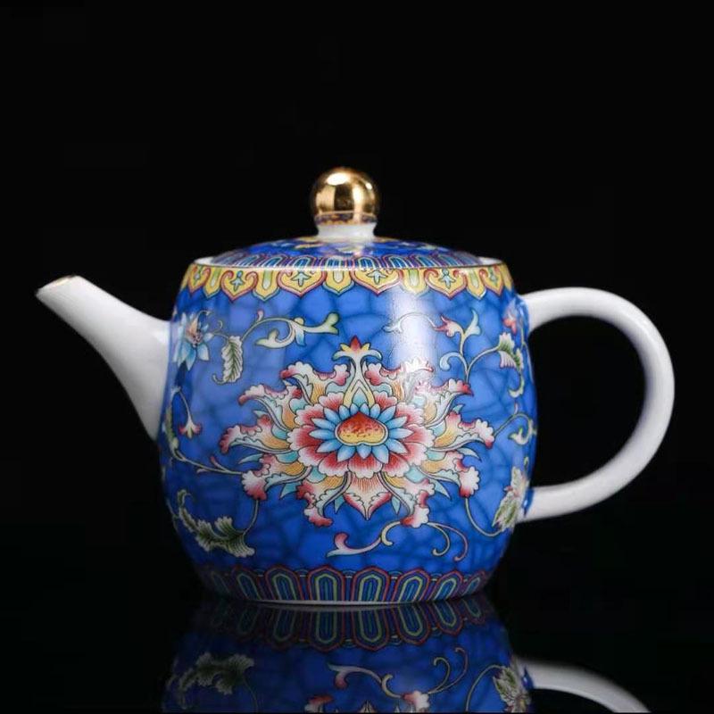 Large Ceramic Teapot Set with Hand Painted Flowers Home Tea Brewing Kungfu Tea Kit with Handle