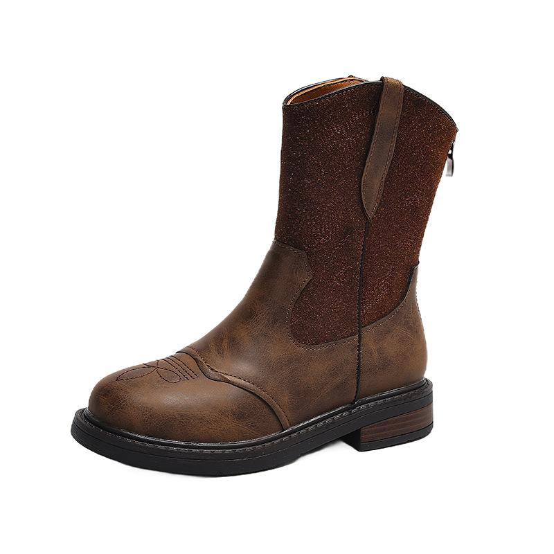 Retro Embroidered Western Cowboy Boots for Women Autumn and Winter Round Toe Low-heeled Boots with Zipper