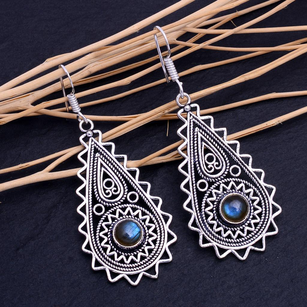 Natural Labradorite Gemstone Handmade 925 Sterling Silver Earring 2.30" N0j52