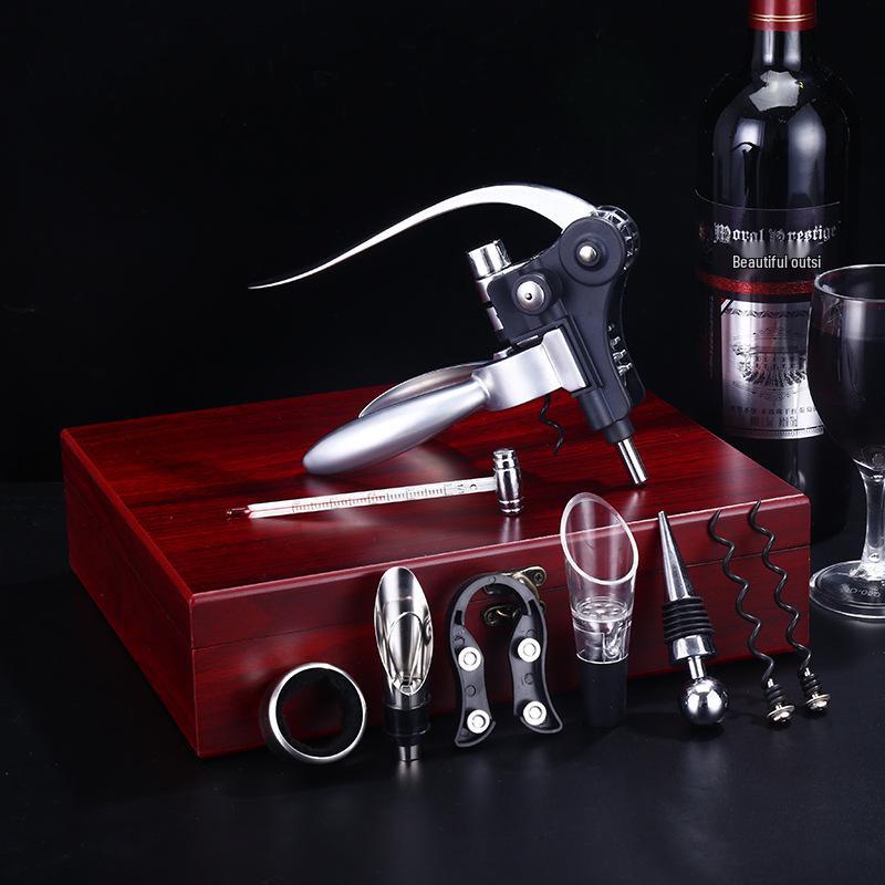 Premium Wine Opener Gift Set: Stainless Steel Pourer, Leather & Wooden Box, Waiter's Knife Corkscrew Barware