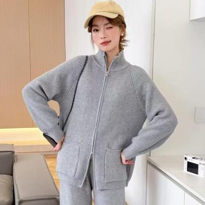 DIMANAF 2024 Outono Mulheres Sólido Zíper Suéteres Tricô Bolso Estilo Casual Gola Alta Solto Suéter Pulôver