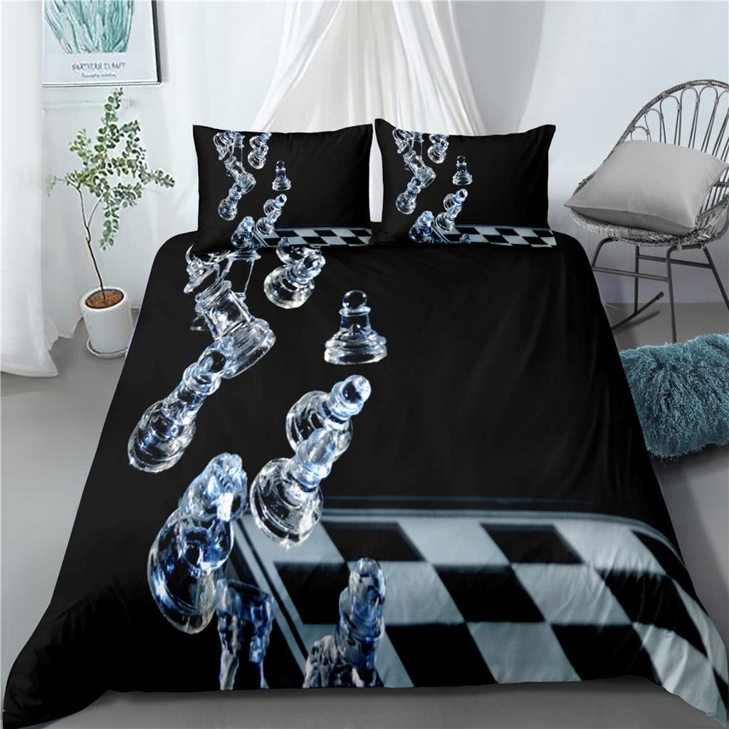 International Chess Duvet Cover Set Black White Lattice Checkerboard Comforter Cover Competition Game for Kids Teens Bedding Set