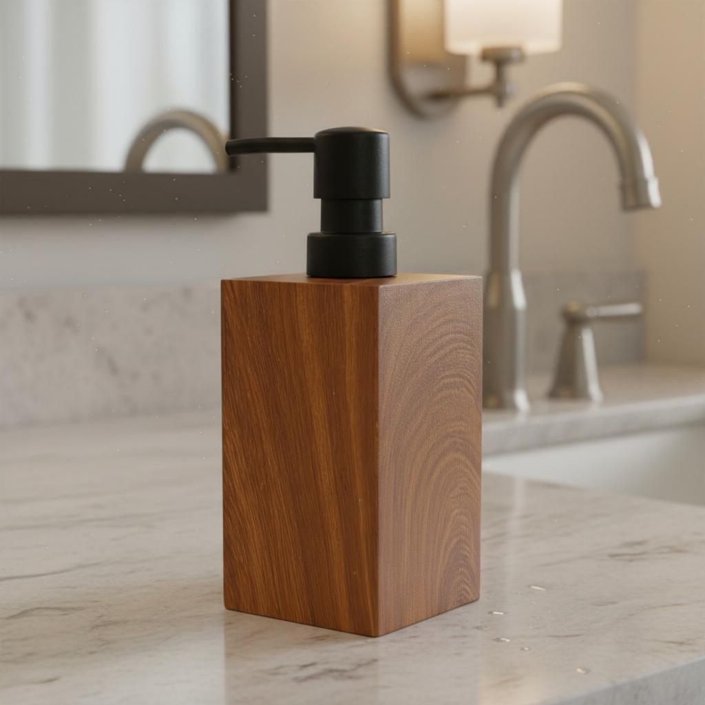 Walnut Texture Pump Bottle Long-Lasting Resin Refillable Shampoo Bottle Square Lotion Dispenser Elegant Design Bathroom